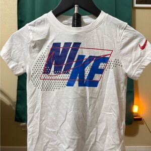 Nike White Tee with Blue and Red Accents